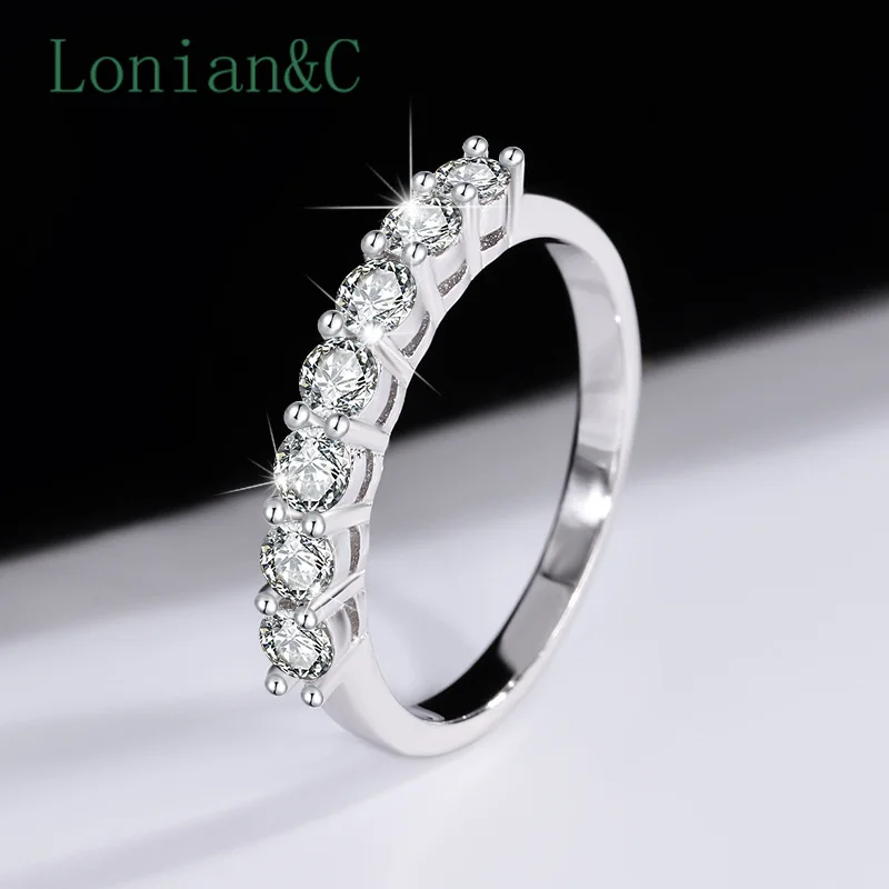 Lonian & C خاتم مويسانيتي كامل قابل للتكديس 3 مللي متر 0.7CT مطلي بالبلاتين 925 فضة سبعة نجوم صف خواتم مجوهرات أنيقة