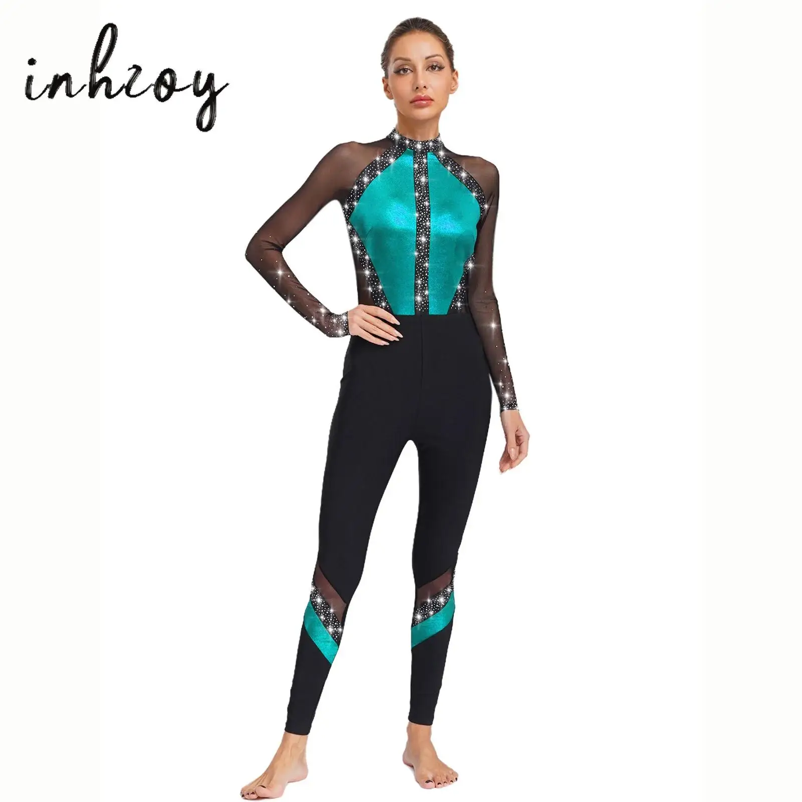 

Womens Gymnastics Jumpsuit Sparkling Rhinestones Full Body Leotard Sheer Mesh Patchwork Color Block Long Sleeve Dance Bodysuit