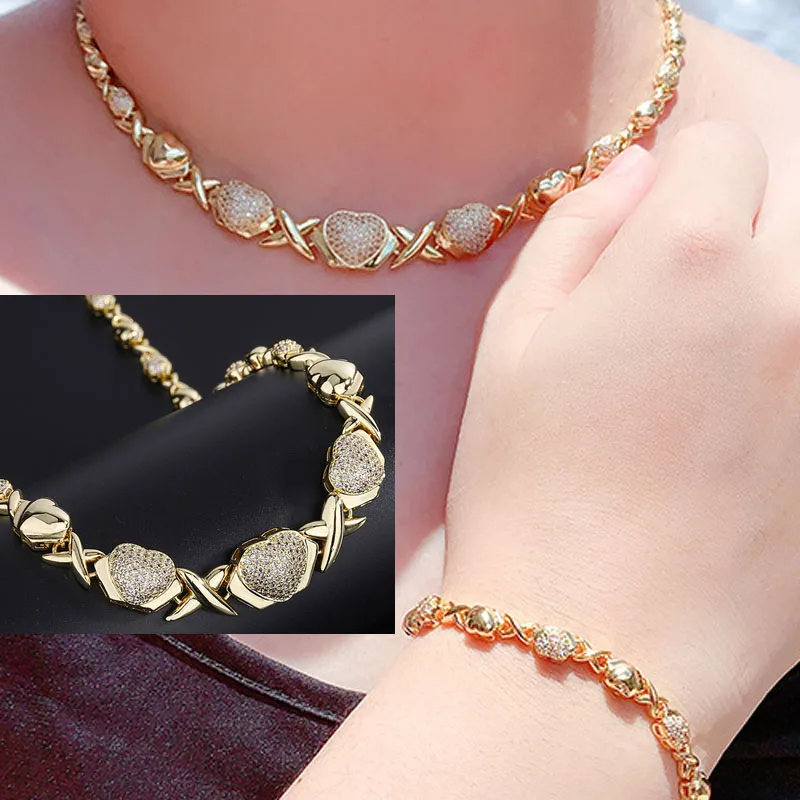 Luxury Bling Micro Pave Disco CZ Lovers Hear Chain Link Necklace Bracelet Women Men Fashion Jewelry Sets For Lovers Gift