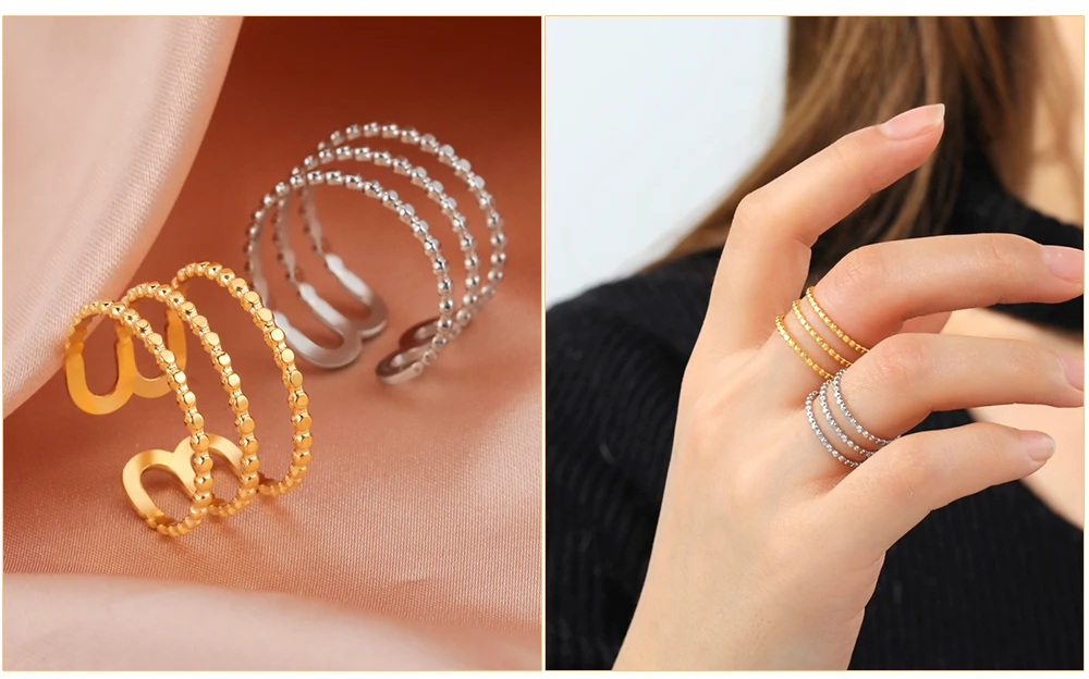 Edelstahl Offene Ringe für Frauen Geometrisches Herz Weizenähren Verstellbarer Fingerring Modeschmuck Geburtstagsgeschenk Großhandel – Detail 9