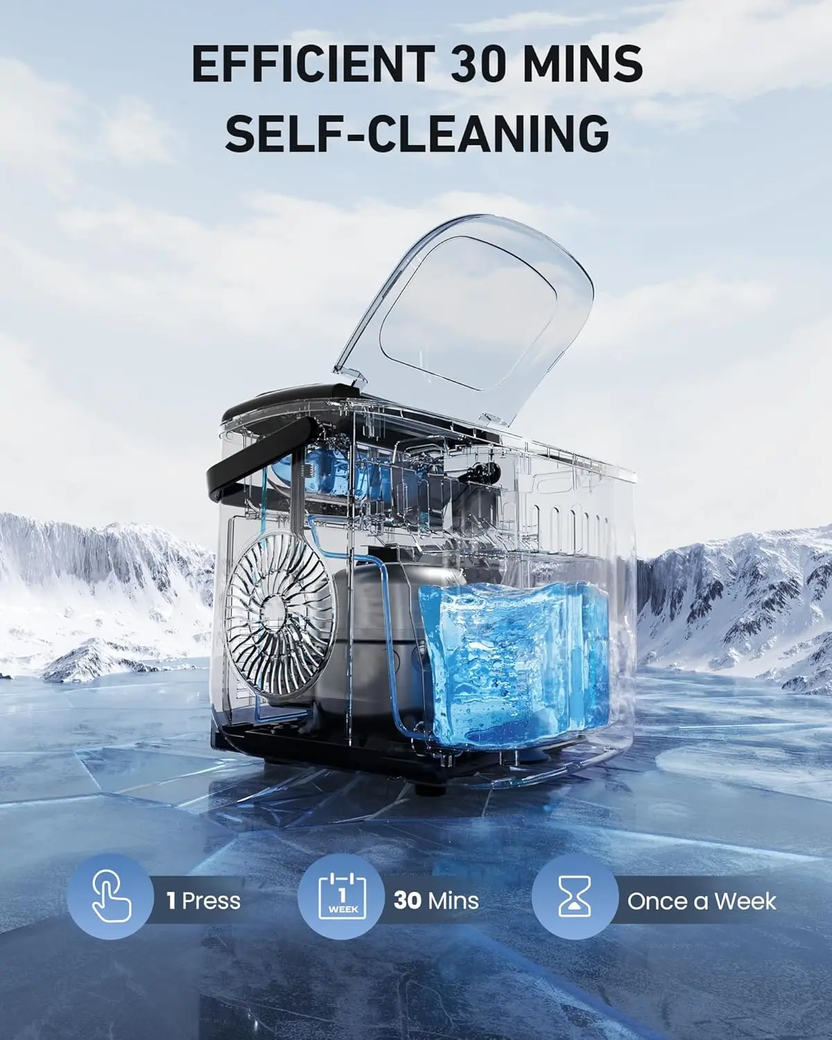 Ice Maker,Countertop, 9 Cubes in 6 Mins, 26lbs in 24Hrs, 2 Sizes of Bullet Ice Self-Cleaning,Ice Scoop, Bag,Basket,Maker Machine