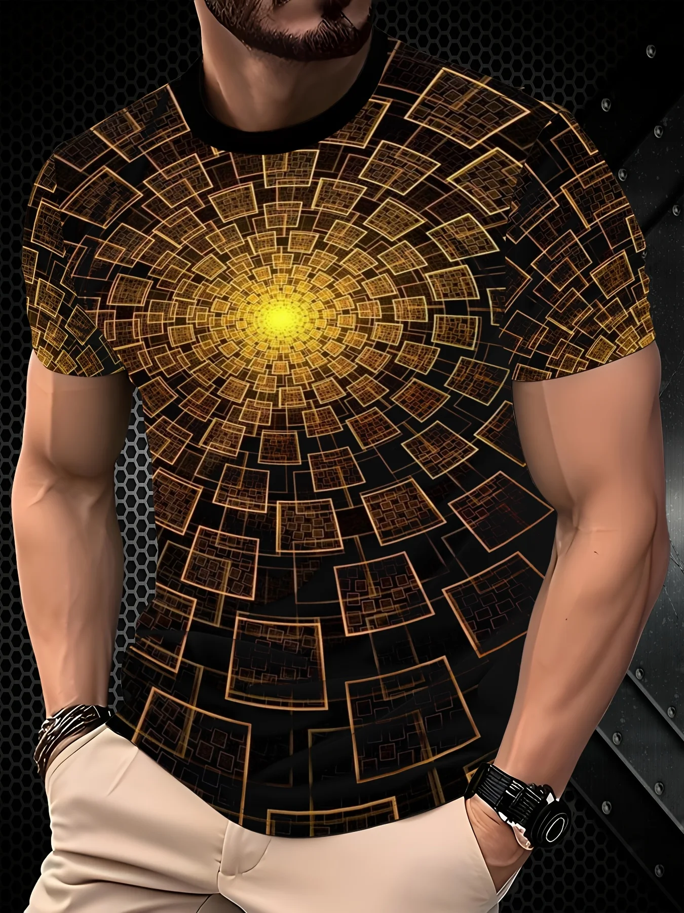 Men Golden Square Tunnel Optical Illusion Print Crew Neck T-shirt Summer Short Sleeve Casual Fashion Top