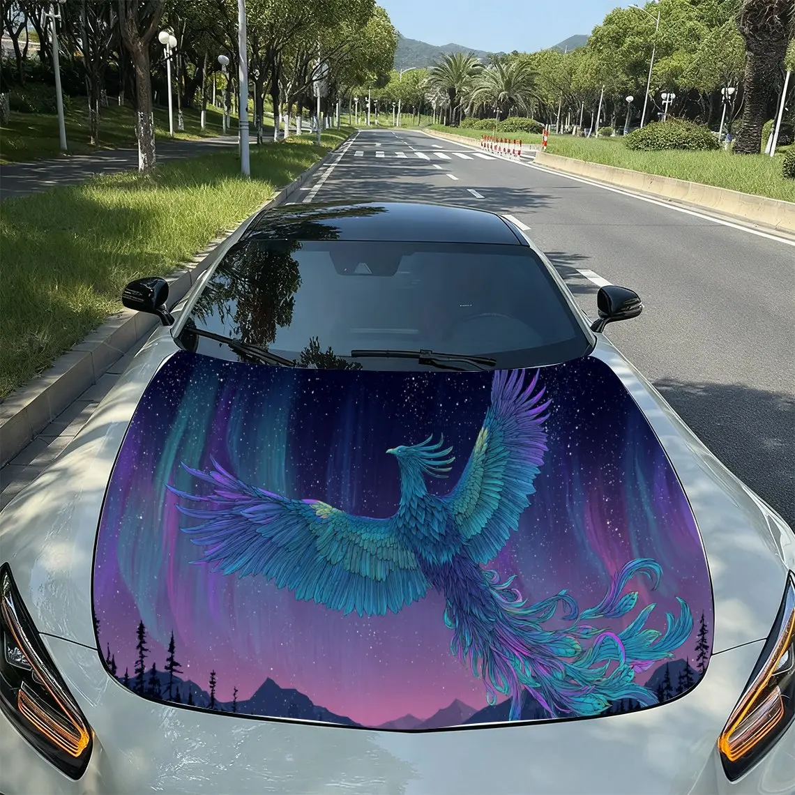 Aurora Blue Phoenix Starry Myth PVC Car Hood Wraps, Self-Adhesive Waterproof Car Bonnet Decal Sticker, Car Decoration Protection