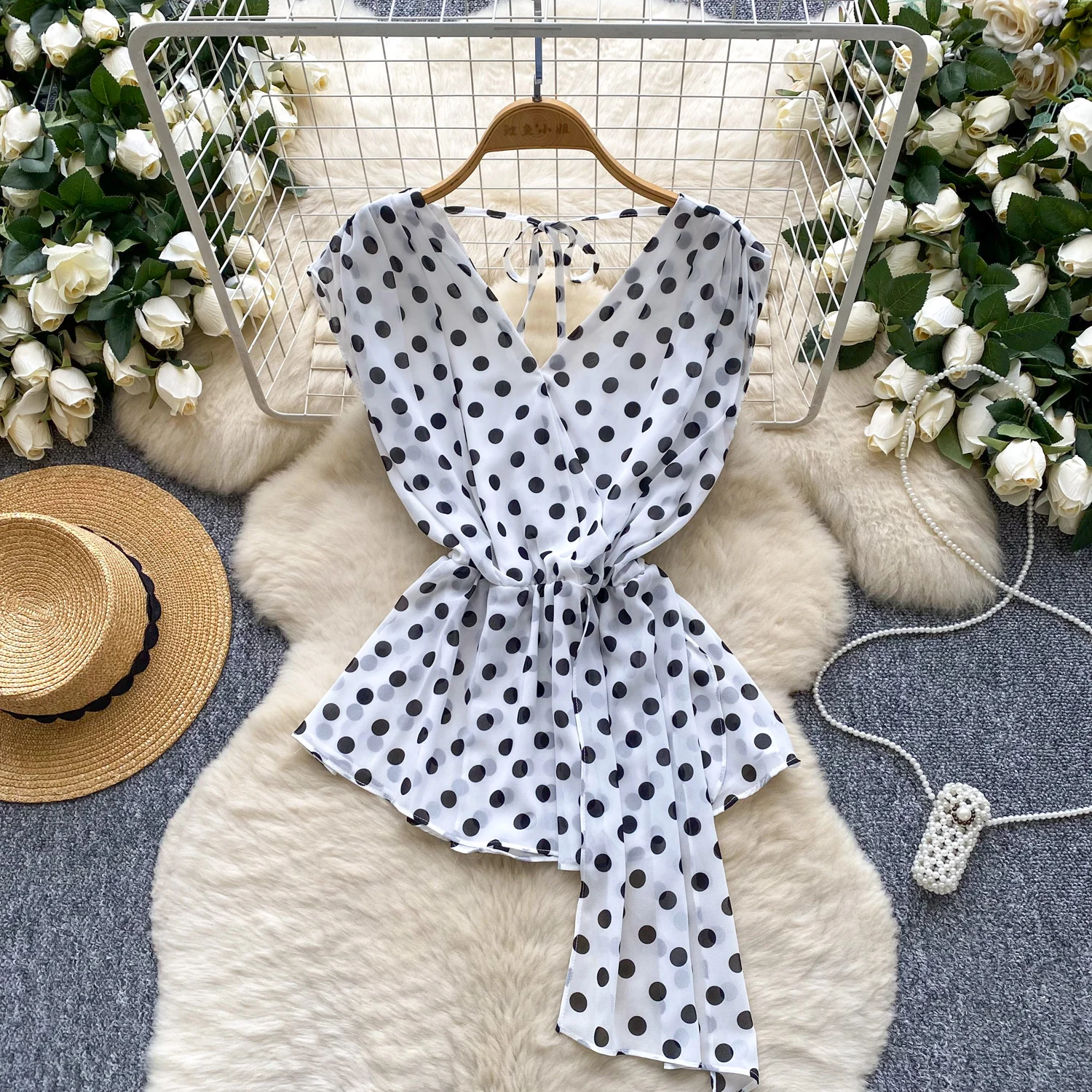 

Vintage Blouse sleeveless Polka dot chiffon Slim Elegant Fashion Sexy Women Shirt women clothing
