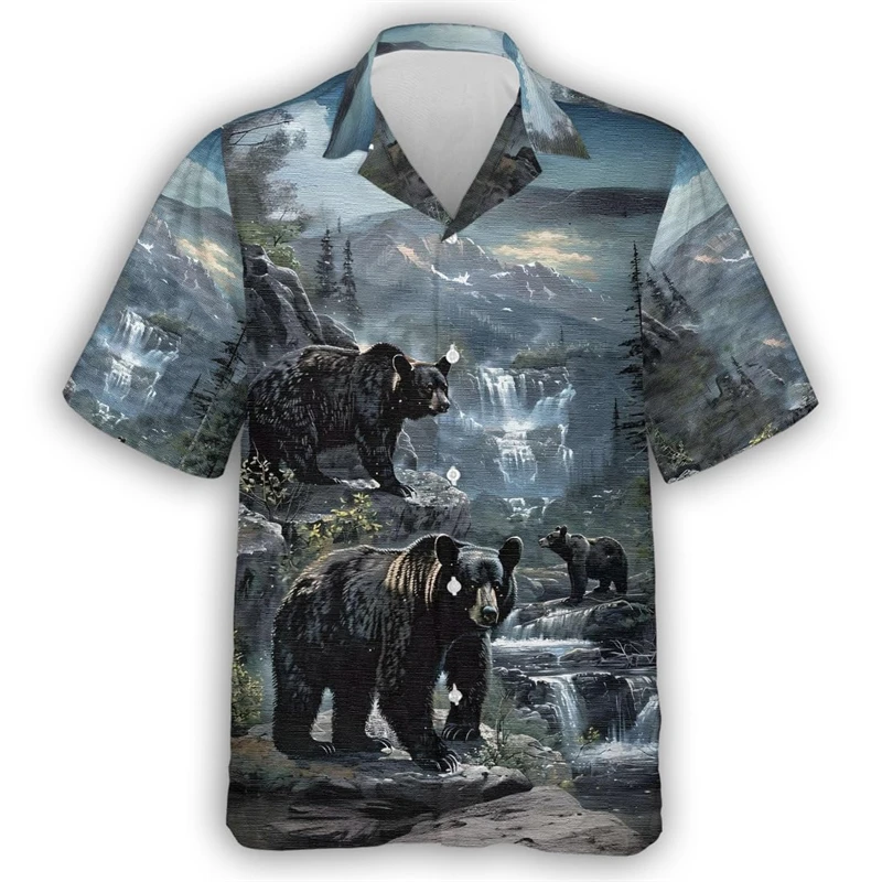 Blusa animal urso vintage masculina, camisa havaiana fofa, impressão 3D, manga curta, streetwear de harajuku, blusa social casual masculina