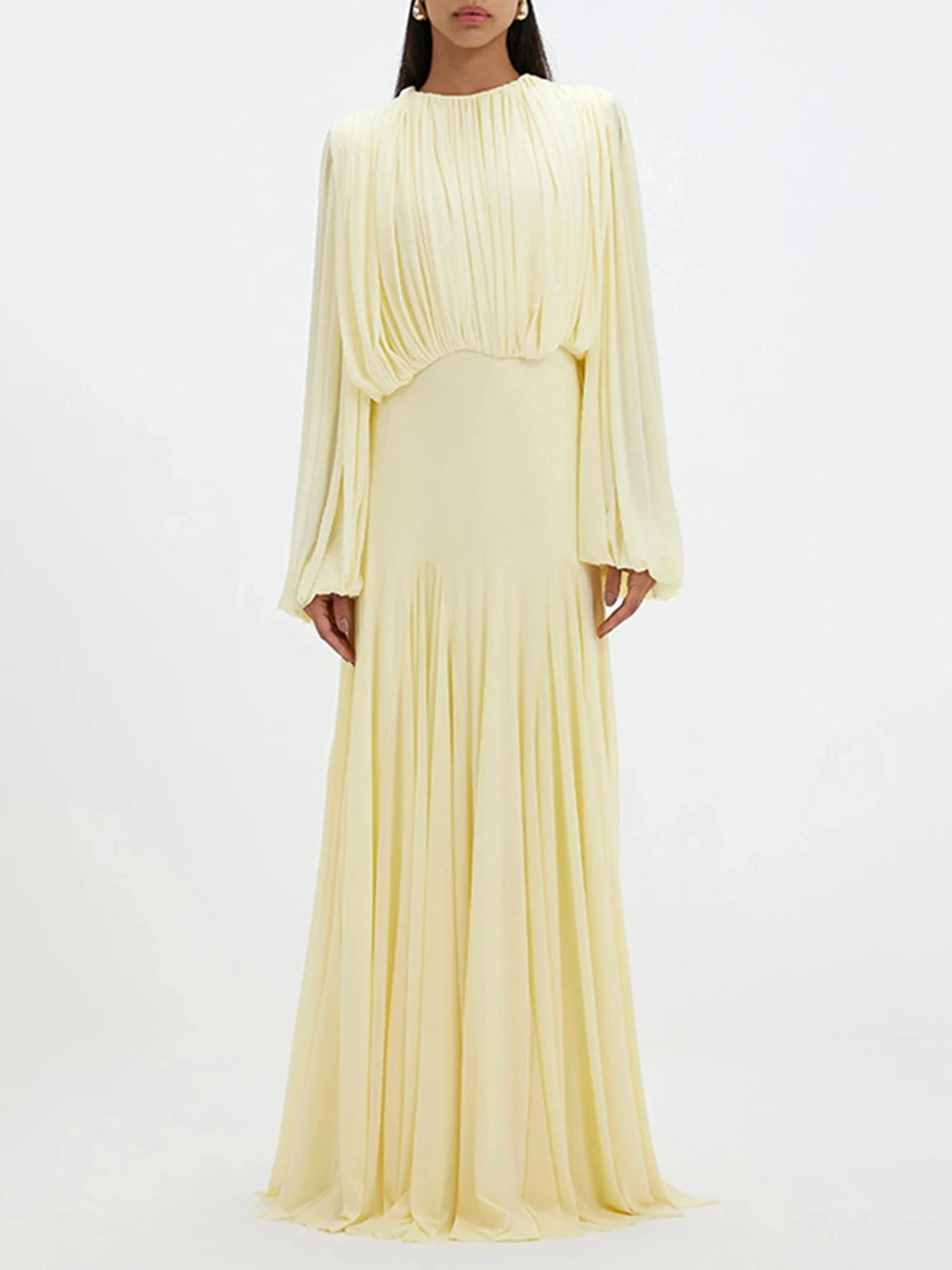 Modphy 2026 Women Splicing Draped Maxi Dress elegant lantern Sleeve O Neck Slim  Mermaid Formal Evening Party Gown