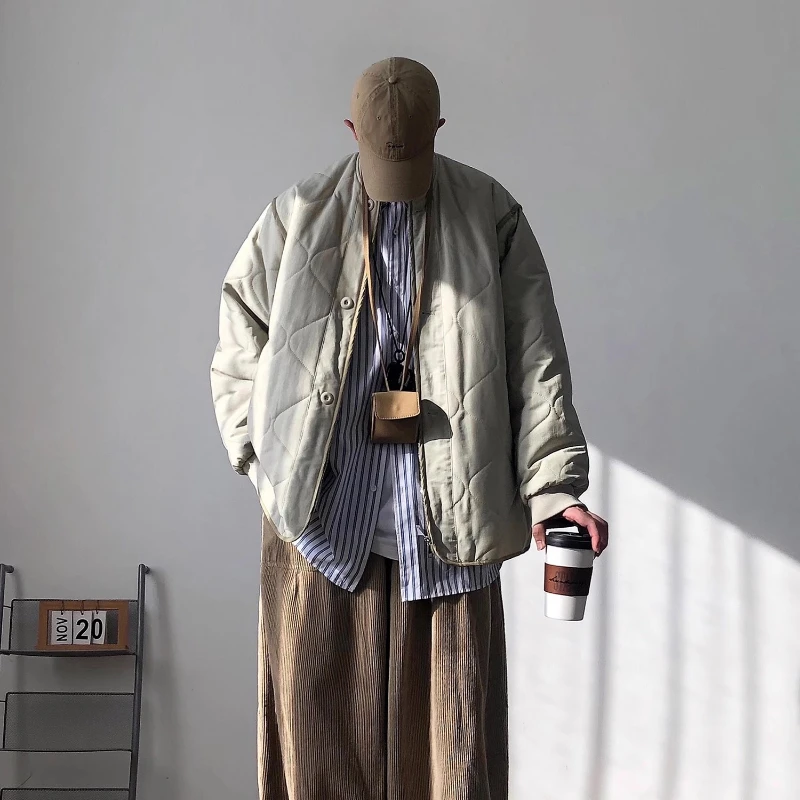 

Японские однотонные хлопковые парки Argyle для мужчин, зимняя утолщенная теплая куртка с длинными рукавами, повседневная свободная базовая мужская одежда