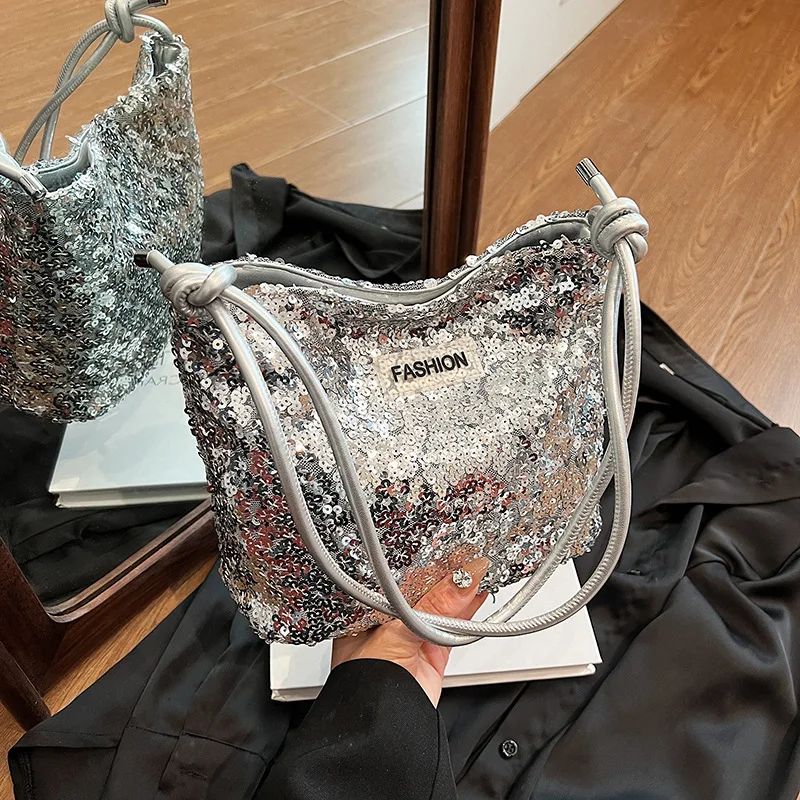 

Summer Sequin Bucket Crossbody Bag For Women New Trendy Versatile Western Style Underarm Bags Fashion PU Shoulder Strap Bag