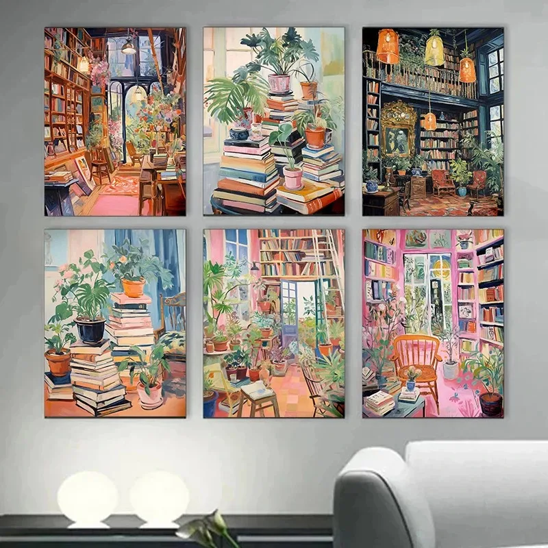 Library Book Shop Lovers Reading Antique Watercolor Posters And Wall Art Canvas Painting Poster Decor Living Room home decoro