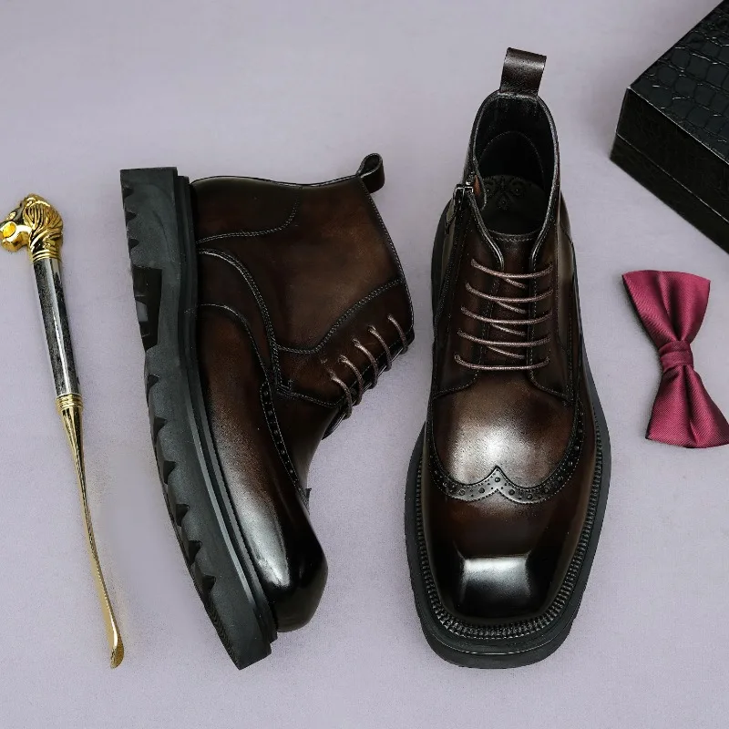 New Genuine Leather Mens Boots Luxury Handmade Quality Comfortable Fashion Retro British Style Ankle Brogues Social Shoes Man
