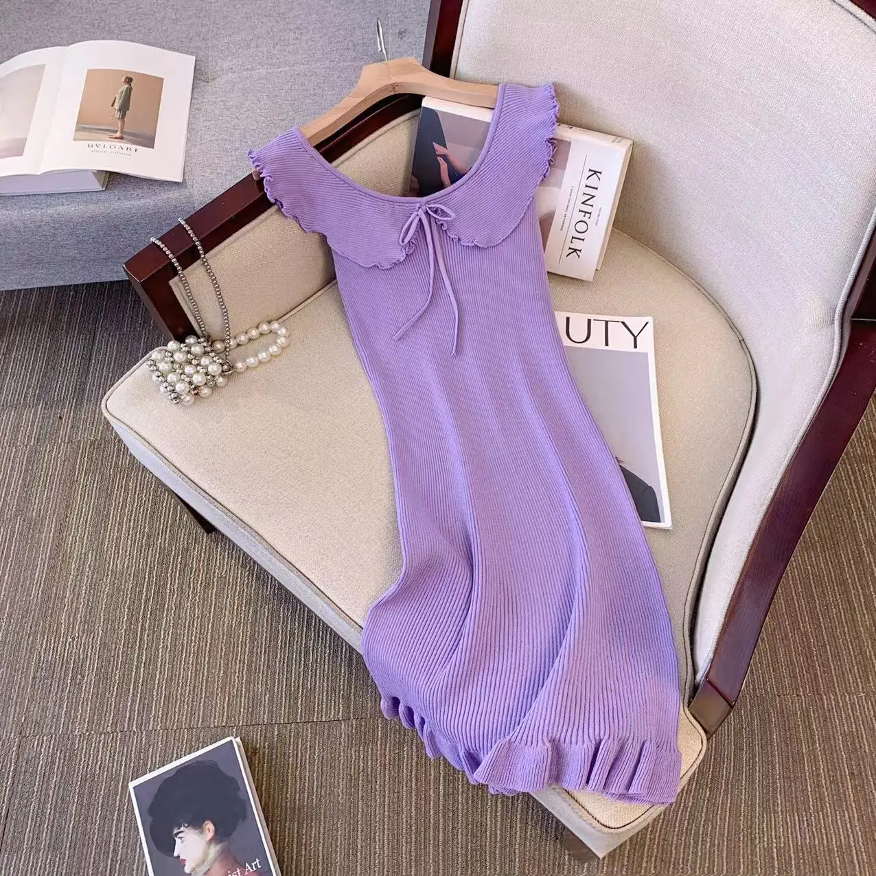 フリルニットストラップレスミニドレス女性のセクシーなレースアップパープルストレッチかぎ針編みボディコンクラブパーティーミニドレス Vesitdos