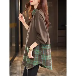 Fashion Lapel Spliced Fake Two Pieces Plaid Blouses Women's Clothing 2023 Autumn Winter Loose Casual Tops Asymmetrical Shirts