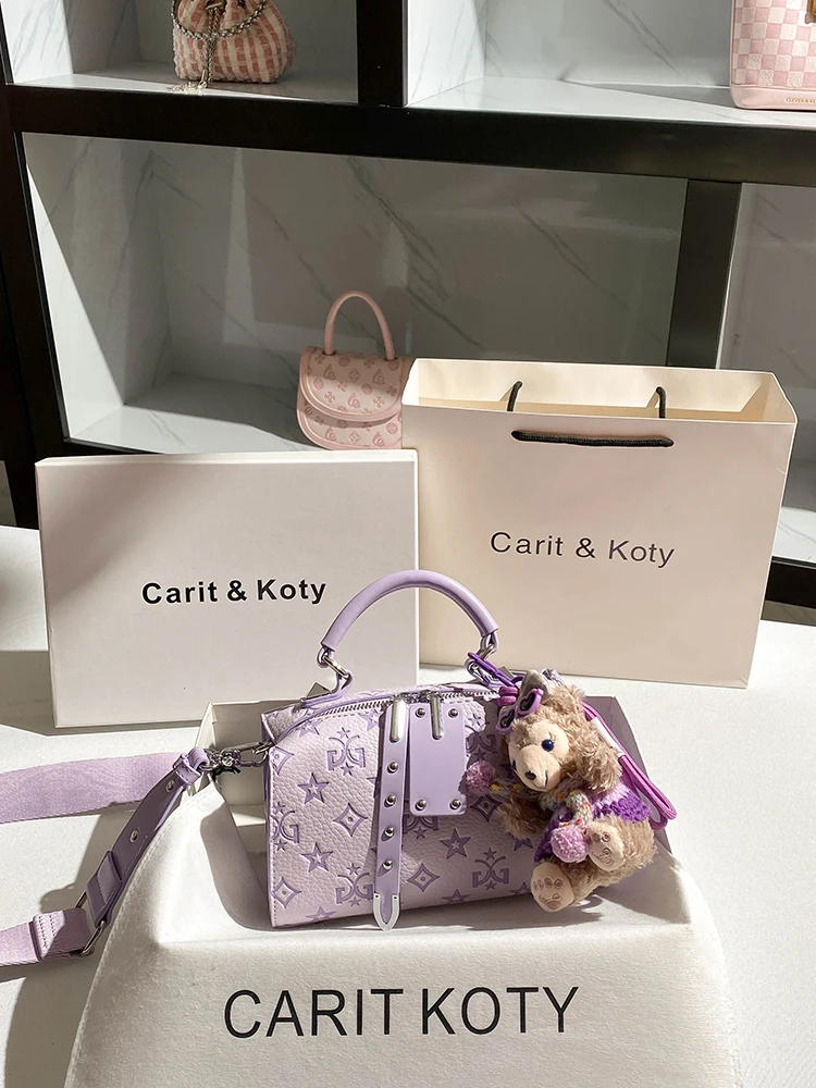

Sweet and Luxury Handbag with Delicate Purple Printing and Bear Pendant Women's Popular and Boston Pillow Bag for Party