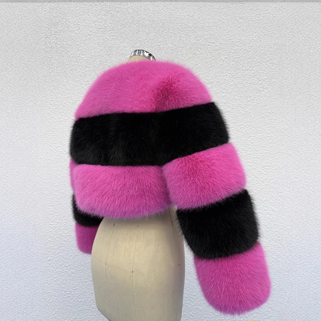 เสื้อแจ็คเก็ตขนเฟอร์เทียมแบบสั้น ซิปหน้า คอทรงโอ แต่งผ้าต่อกัน  แฟชั่นสำหรับผู้หญิง  เสื้อคลุมขนฟู  สำหรับฤดูหนาว  ความยาวเก้าส่วน