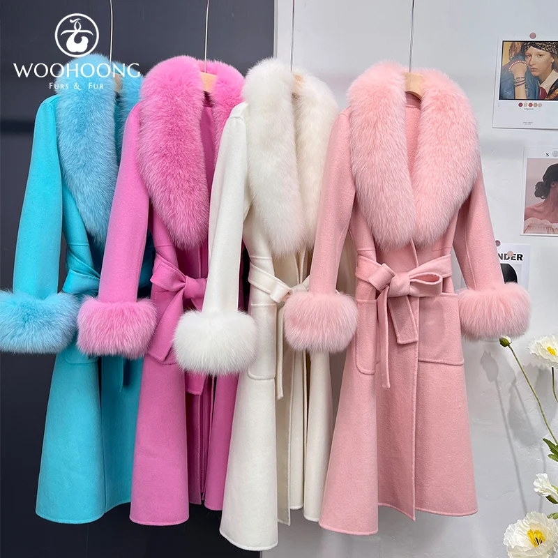 New Women Cashmere Wool Coat Detachable Real Fox Fur Coat Removable Fox Fur Collar Cuff Fur Jacket Winter Warm Female