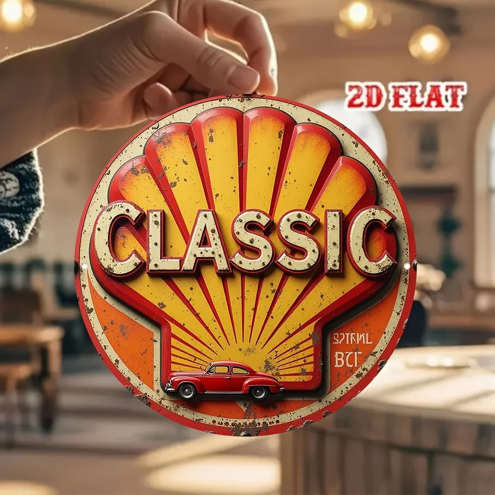 2D Flat - Vintage Shell Gas Station Sign - 8x8 Inch Aluminum Tin Wall Decor with Red Car & Sunburst Design, Waterproof & Dustpro