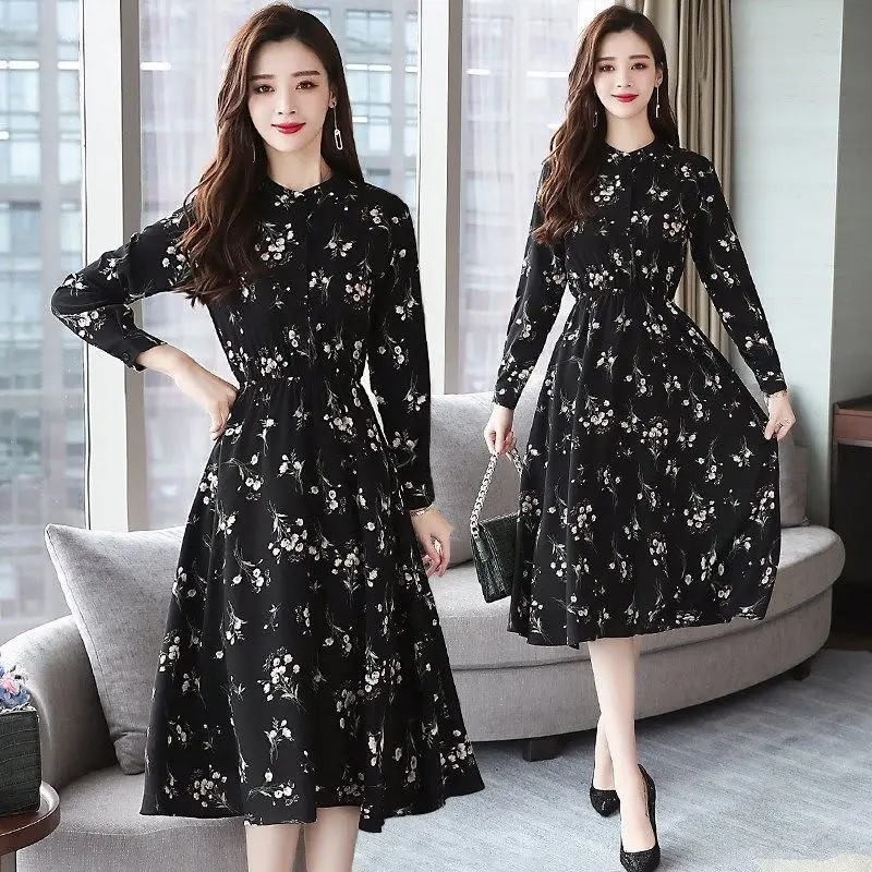 Office Lady Casual Elastic Waist Button Printing Knee Skirts Dresses Spring Summer Autumn Thin Round Neck Slim Women\'s Clothing