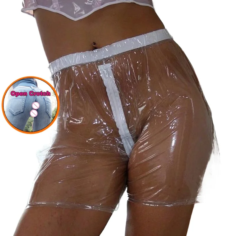 Masculino e feminino pvc macio silencioso sexy zíper calças de praia boxers de plástico perspectiva shorts de verão calças abertas transparentes