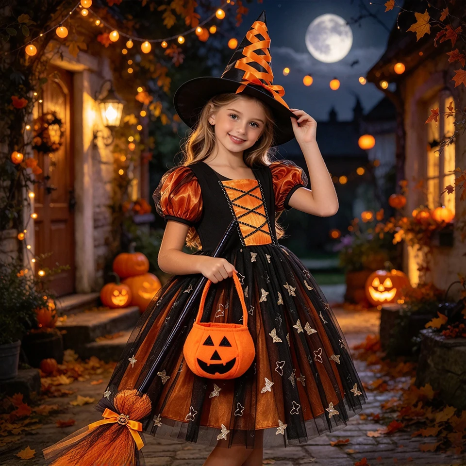 Orange Tulle Witch Dress for Girls Halloween Cosplay School Performance Masquerade Children's Costume Elegant Party Kids Clothes