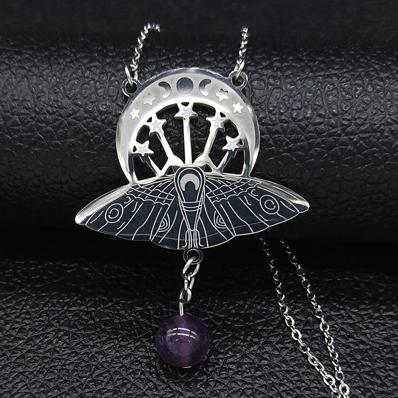 Bat Witchcraft Triple Moon Goddess Necklace Stainless Steel Women Silver Color Moth Necklace Jewerly collar mujer N3059S02