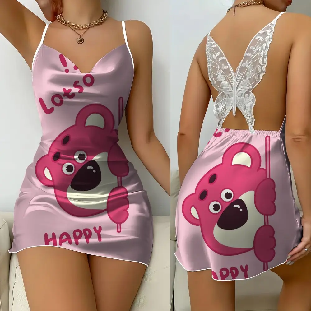 Sexy trendige Kleidung Damen Schmetterling Spitze Hosenträger Home Nachthemd Disney Lotso süßes Musterdruck Satinkleid