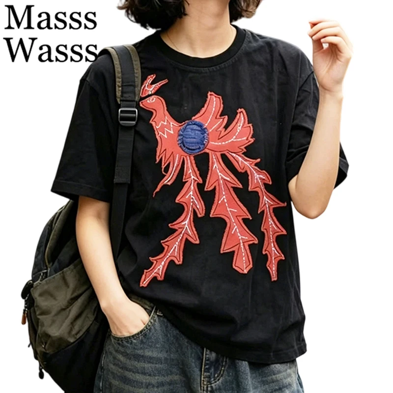 

Masss Wasss Chinese Summer Womens Embroidery Tee Shirts Loose Casual O Neck Clothes Females Classic Vintage Cotton Fashion Tops