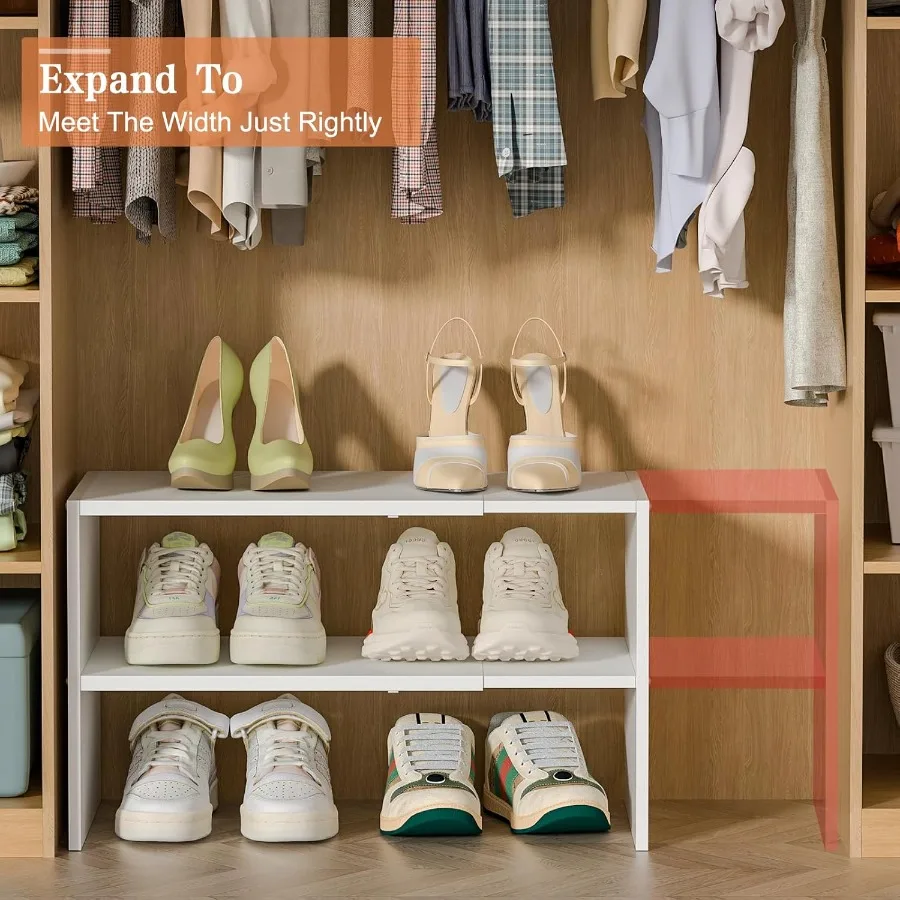 Branco sapato rack organizador para armário 2 camadas expansível sapato prateleira empilhável ferro combinação de madeira pequenos sapato cremalheiras para c