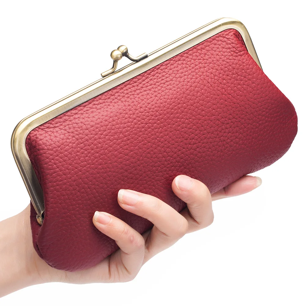 

Genuine Leather Women Clutch Purse Clip Money Purses Kiss Lock Long Wallet Phone Purse for Women