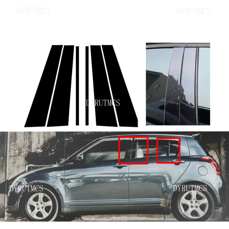 

Silver Carbon Gloss Black Pillar Posts Fit Suzuki Swift 5-Door 2005 2006 2007-2016 Window Decor Door Side Mouliding Trim Cover