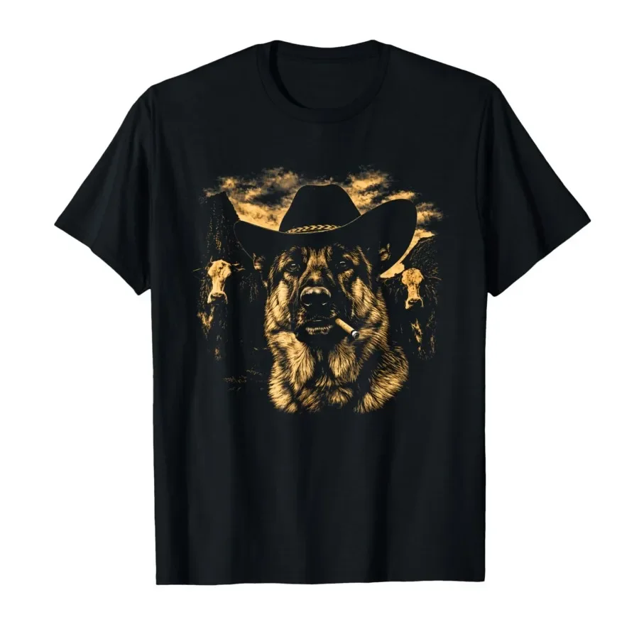 Vintage German Shepherd Cowboy Dog Smocking Meme Humor T-shirt For Men Women 100% Cotton T Shirts Short Sleeve Tops 0424-3