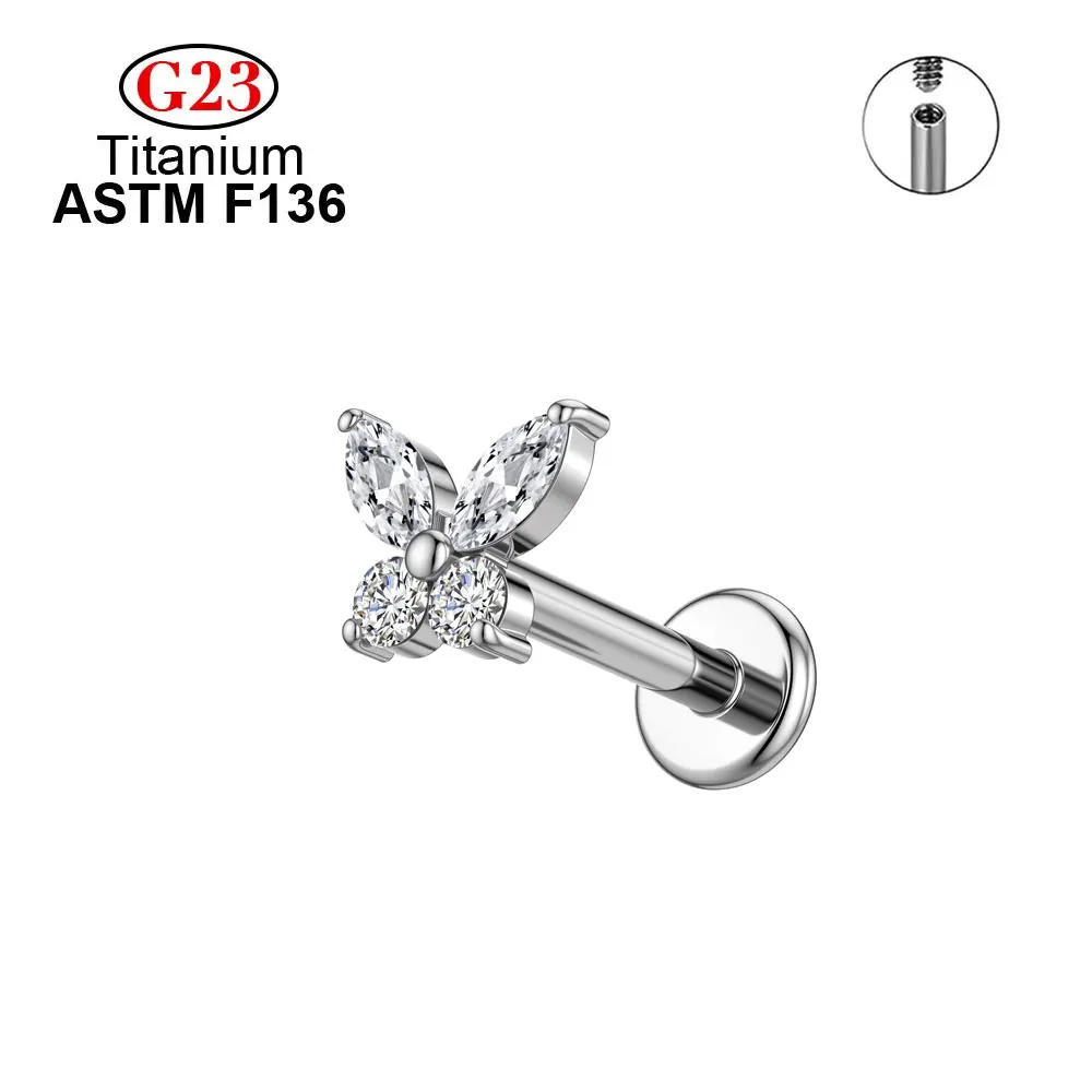 Fashion Titanium Jewelry Piercing Pear CZ and 3CZ 0.9mm Thread Internally Threaded Labret Top Helix Earring