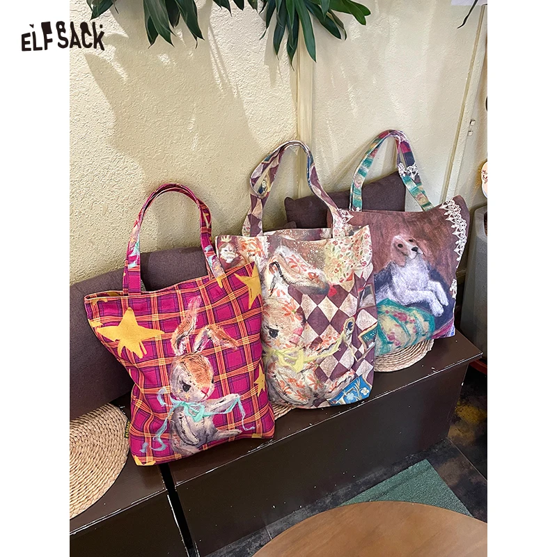 ELFSACK 2025 Autumn New Arrival Y2K Colorful Hand Painted Animal Tote Bag Original Art Print Canvas Shoulder Bag for woman
