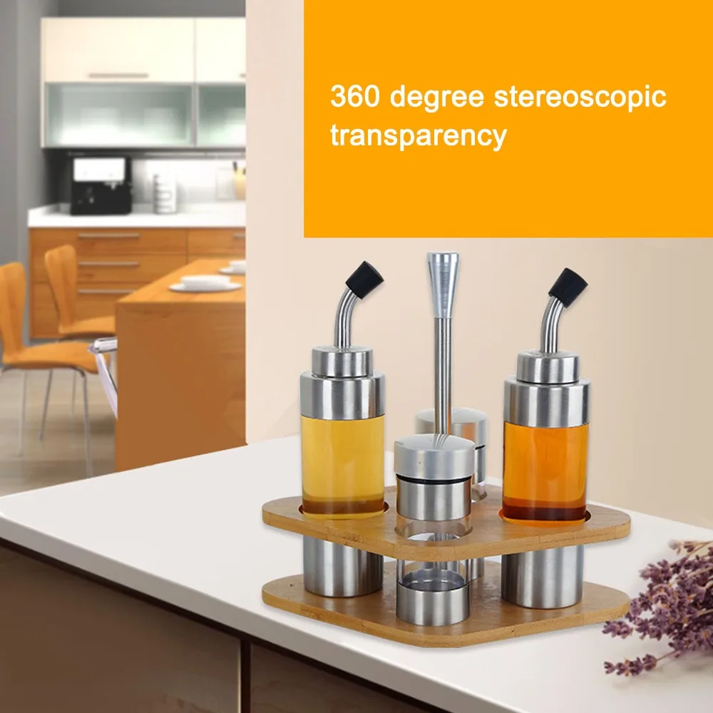 4-Pack 304 Stainless Steel Seasoning Bottle Set with Wooden Holder Translucent Spice Jars Unique Shape Durable Vinegar Dispenser