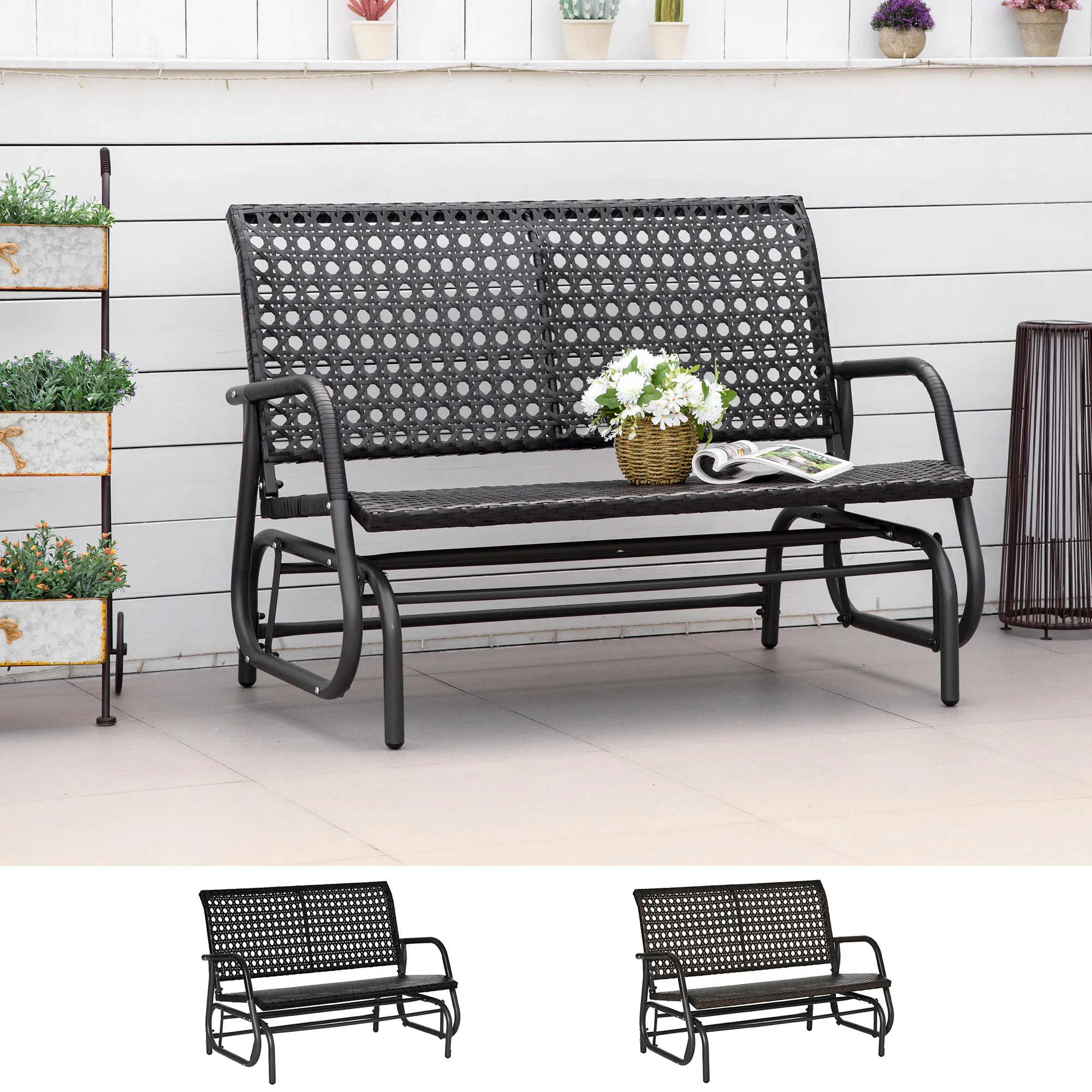 Outsunny 2 seater rattan rocking bench with ergonomic balancing Metal frame for outdoor balcony terrace Patio Hotel cargo 220 70x120x84cm