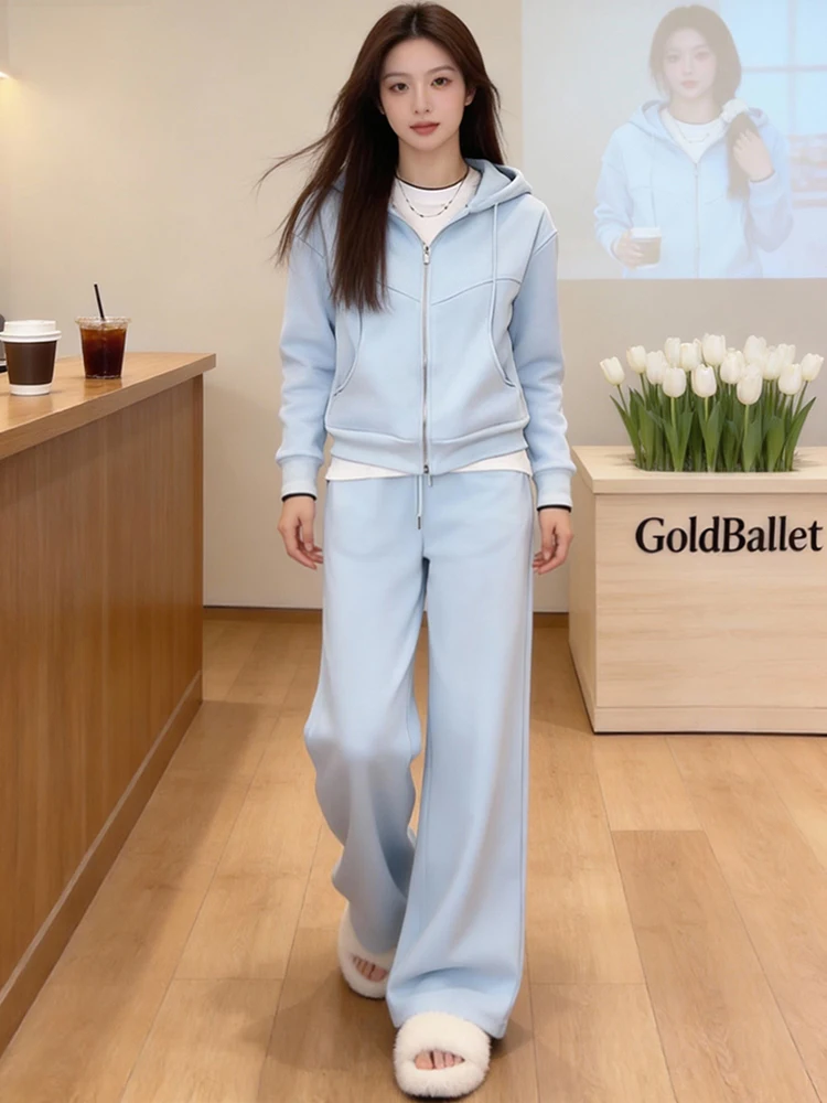 

Retro Hong Kong Style Casual Set Women's Long Sleeve Hoodie Cardigan Blue Wide Leg Pants Two Piece Set Spring New Arrival