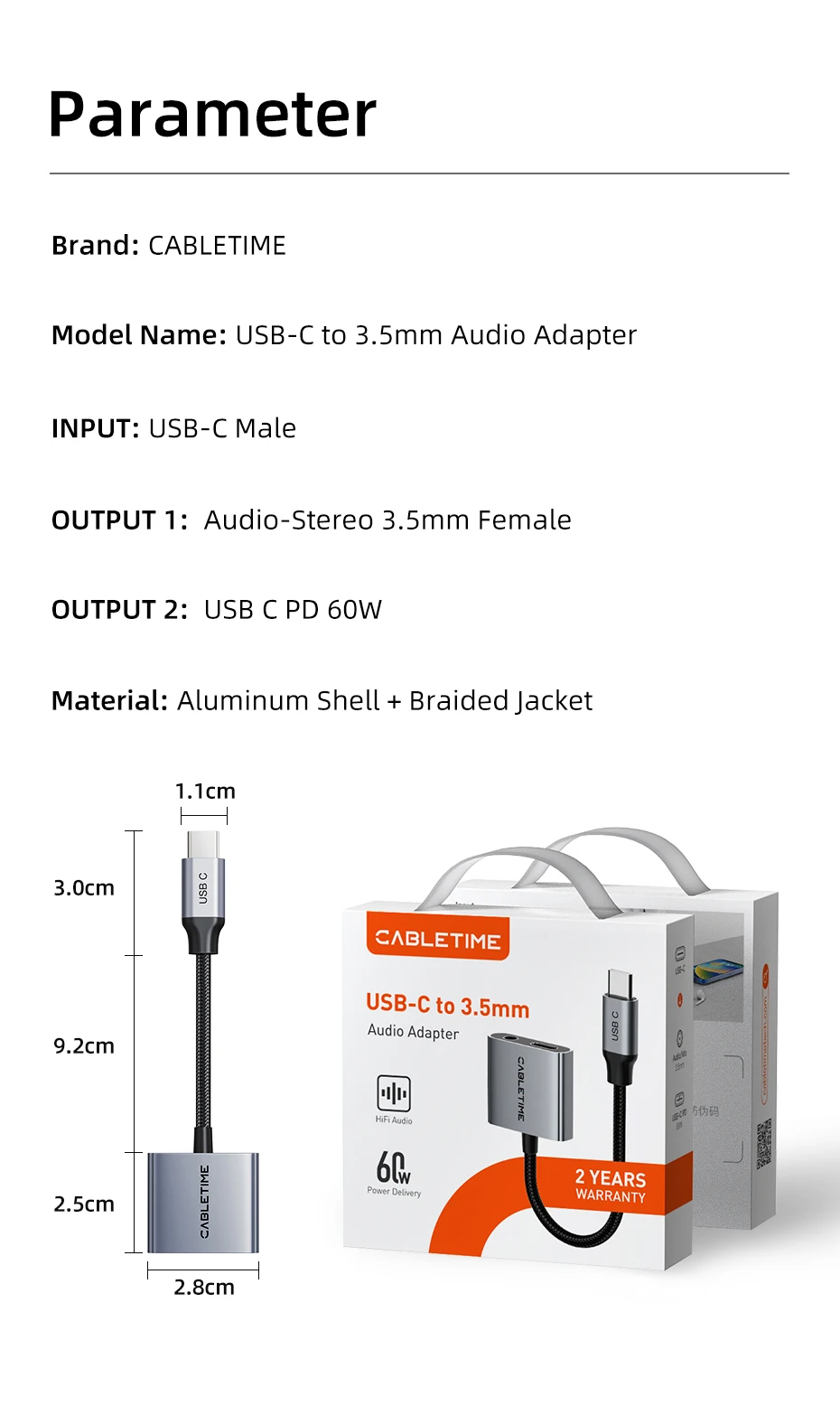 CABLETIME USB-C auf 3,5-mm-Audio-Adapter USB-C Kopfhörer 2-in-1 PD 60W Typ-C auf 3,5-mm-Klinkenadapter Hi-Fi für iPhone Xiaomi – Detail 11