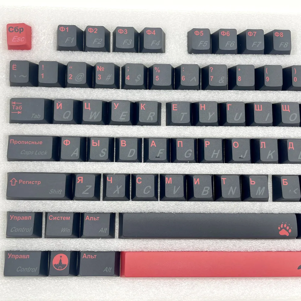 Red Black Russian Keycap Cherry Profile 142 Keys PBT DYE Sublimation Custom Keycaps For Mx Switches Mechanical Keyboard