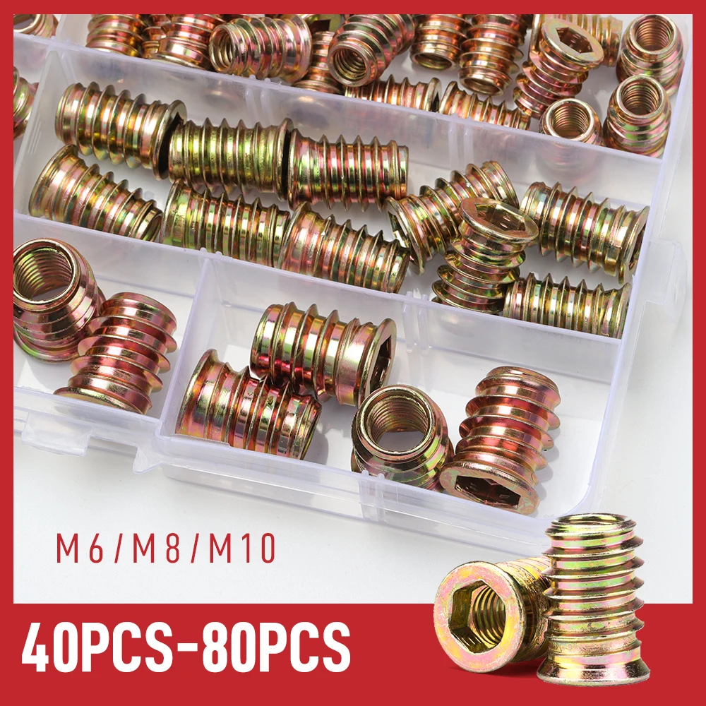 

40/66/80 Pcs Wood Insert Nuts Assortment Kit M6 M8 M10 Zinc Alloy Countersunk Nut Set Carbon Steel Hex Socket Drive Threaded Kit