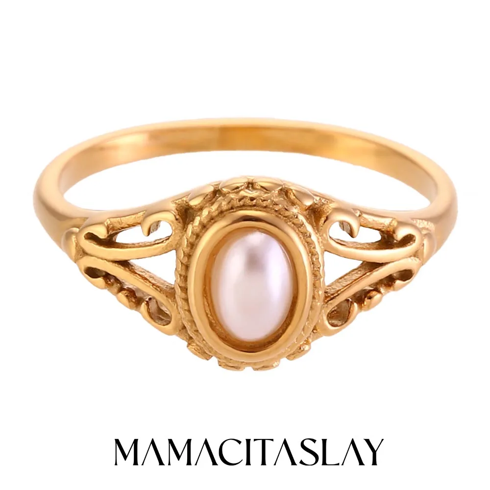 MamacitaSlay Vintage 18K Gold Plated Freshwater Pearl Waterproof Rings Female Jewelry Stainless Steel Hollow Rings for Women