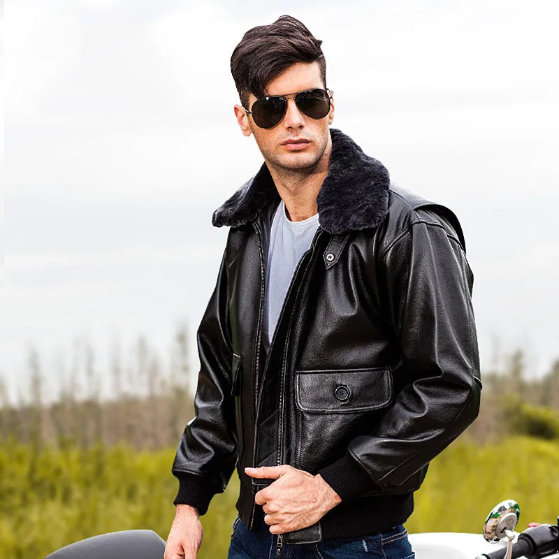 

2024 New Men's G1 Air Force Pilot Geniune Leather Jacket Real Cowskin USA Size Wool Fur Collar Lapel Winter Motorcycles Coats