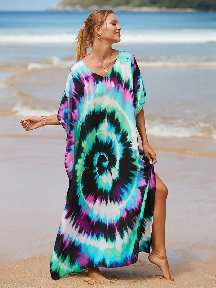 Vestido maxi estampado boêmio, capa de praia, pareos kanftan solto, roupinha casual, maiô, moda praia, novo