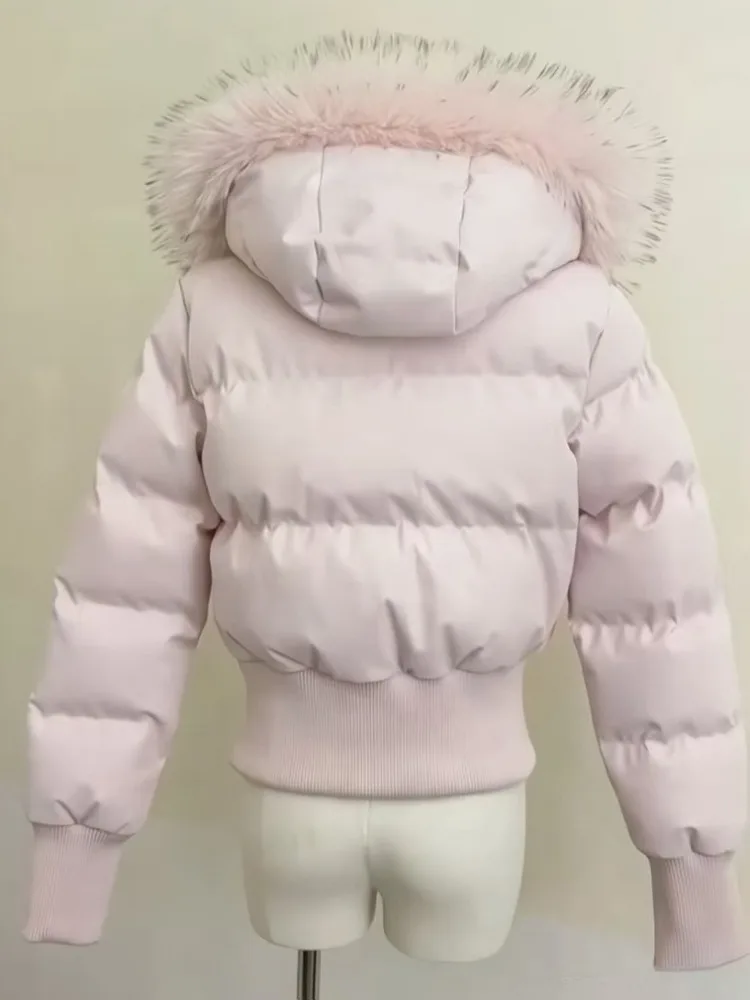 Women Winter Faux Fur Collar Hooded Parka Puffer Jacket Japanese Street Style Long Sleeve Zip Up Y2K Short Coats Daily Wear
