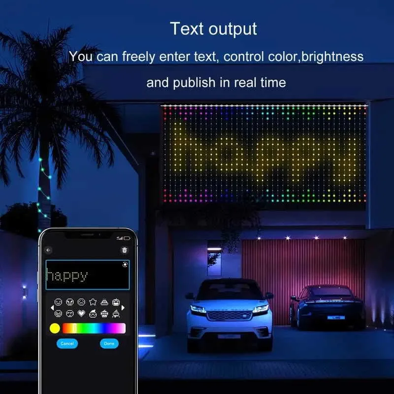 Stringa di luce per tende RGB intelligente da 400 LED con telecomando per app Sincronizzazione musicale Testo fai-da-te Luci per tende per Halloween di Natale
