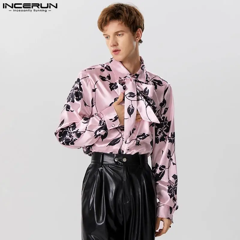 2023 Men Shirt Printing Satin Lapel Long Sleeve Streetwear Lace Up Men Clothing Autumn Fashion Casual Camisas S-5XL INCERUN