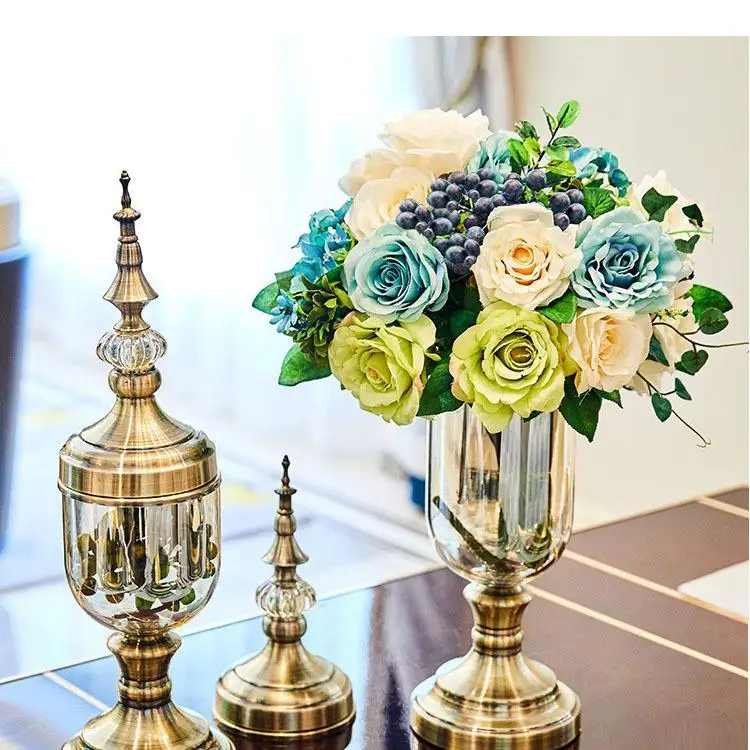 

2 Pcs/set European Retro Glass Vase Gold Metal Crafts Decorative Floral Vases Desktop Ornaments Flower Insert Antique Home Decor