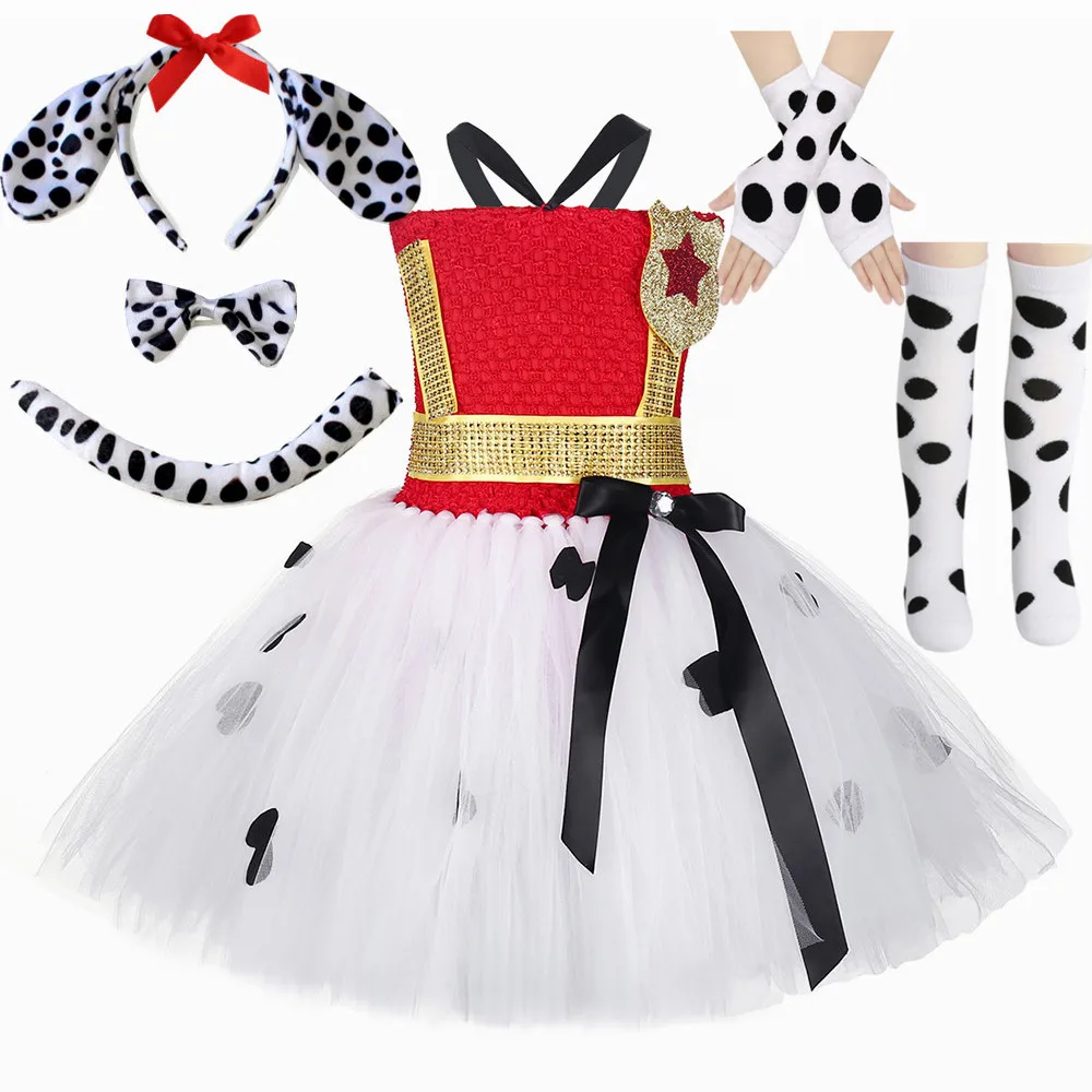 Firefighter Dalmatian Marshall Costume for Kids Cartoon Dog Fireman Tutu Dress Girls Halloween Carnival Party Dress Up Outfits