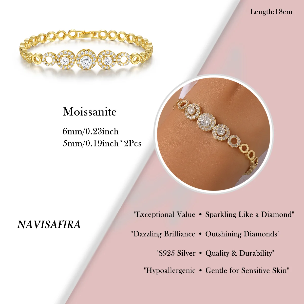 6mm S925 Gold-Plated Circle Moissanite Bracelet – Elegant Halo Design with Center Stones, Perfect for Every Occasion