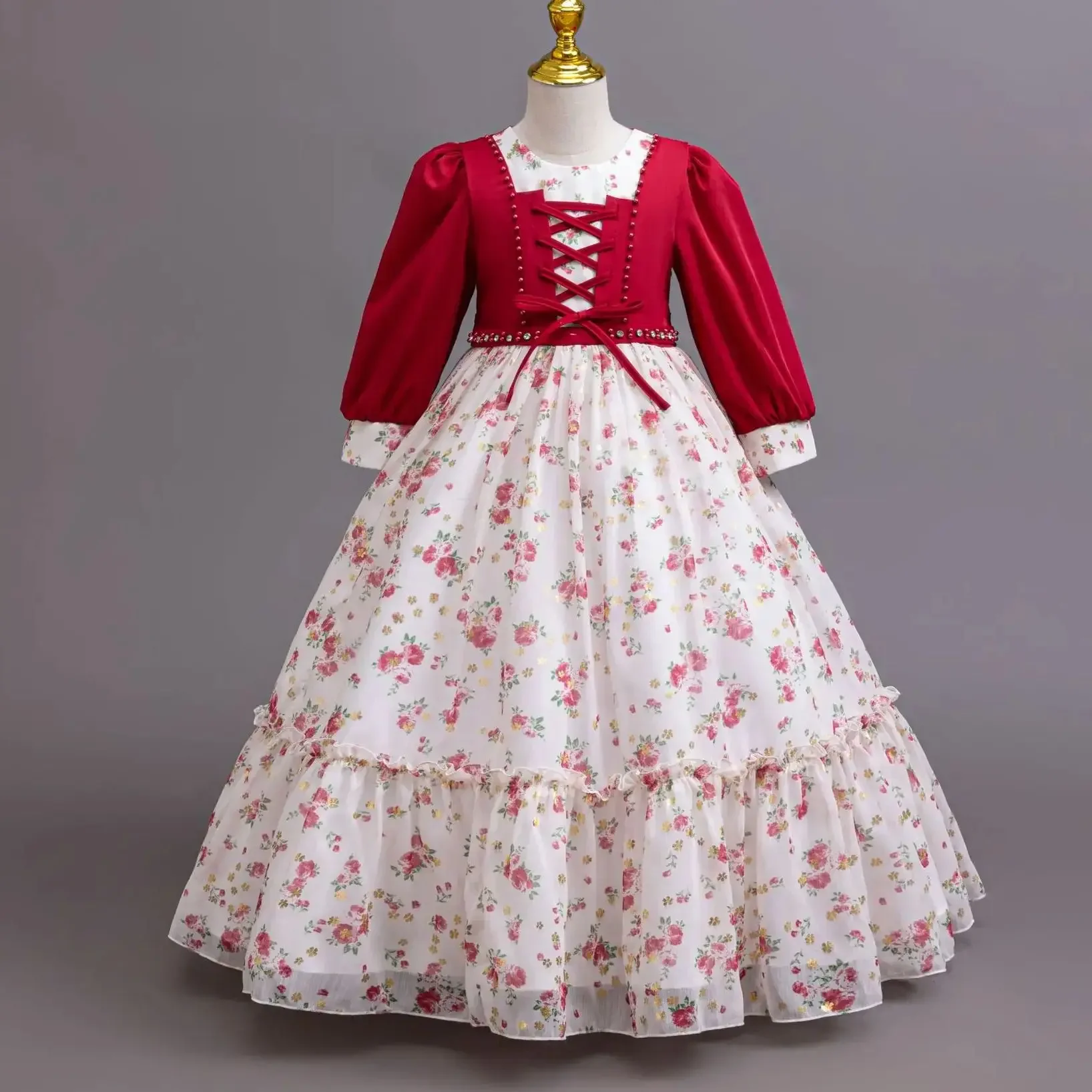 Girls Elegant Long Sleeve Flowy Chiffon Bridesmaid Dress Children's Floral Criss-Cross Wedding Party Ball Gowns 3-12Y