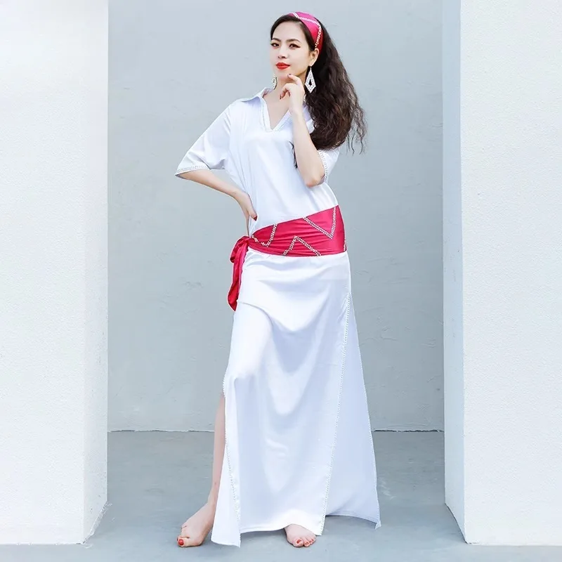 تخصيص زي الرقص الشرقي الساتان الأبيض الكلاسيكي بلدي رداء ممارسة اللباس أداء ارتداء الملابس الهندية النساء الرقص الشرقي #5