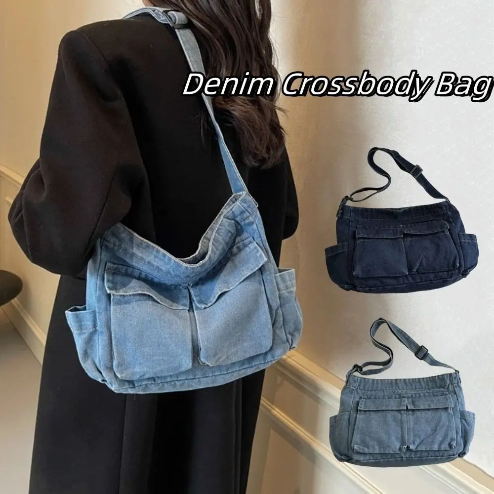 

Fashion Canvas Denim Messenger Bag Harajuku Multiple Pockets Commuting Shoulder Pouch Korean Style Blue Underarm Bag Travel